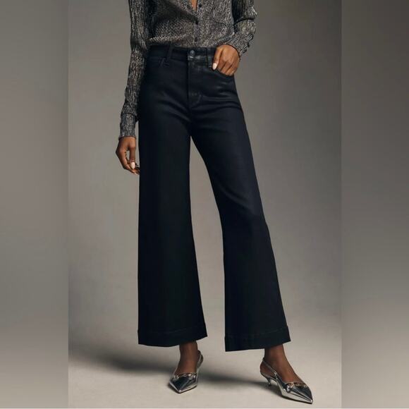 Paige Anessa Wide Leg Premium Denim Jeans Ankle Length Black Fog Luxe Coated 30 - Picture 1 of 16